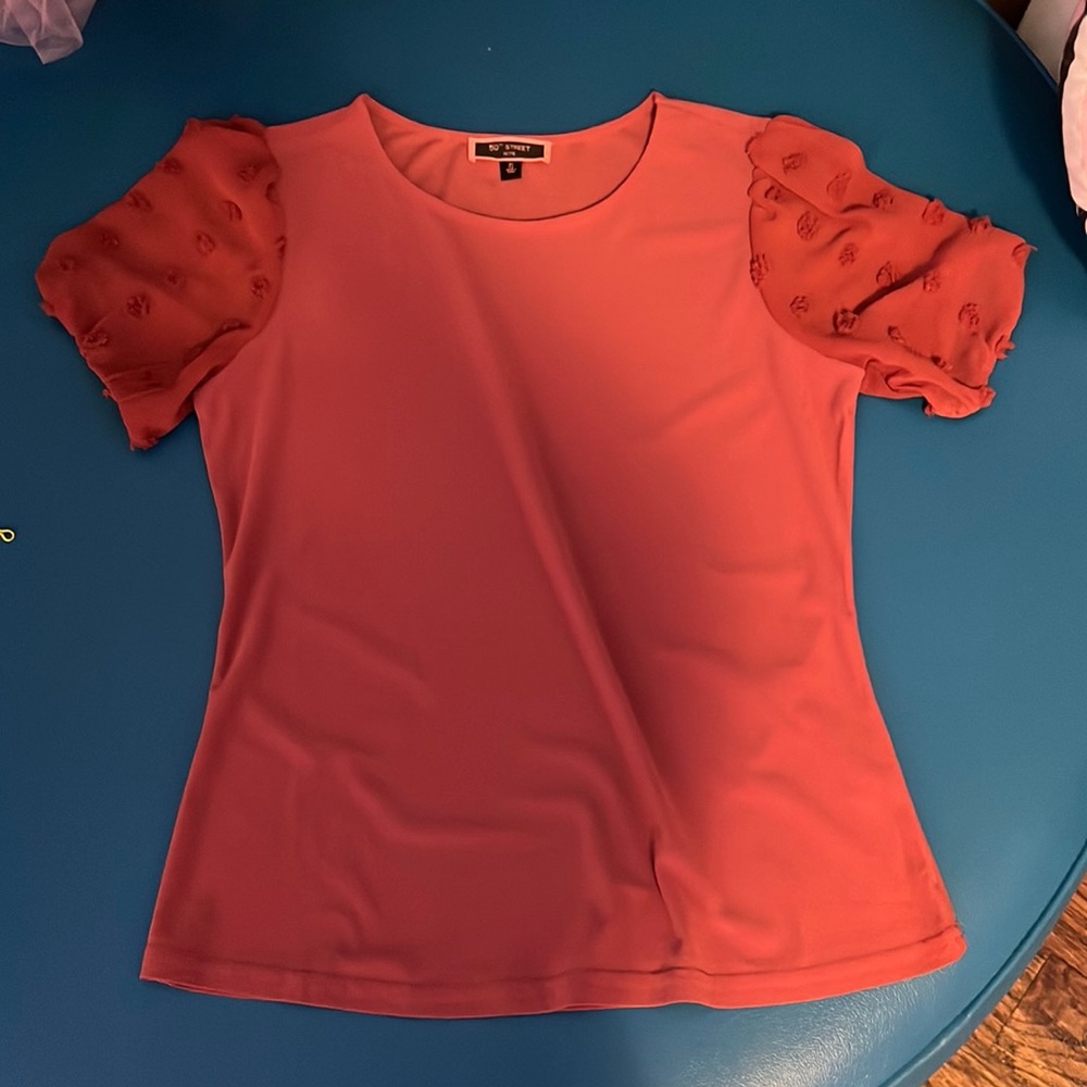50th street Small Petite red shirt with Pom Pom sleeves.